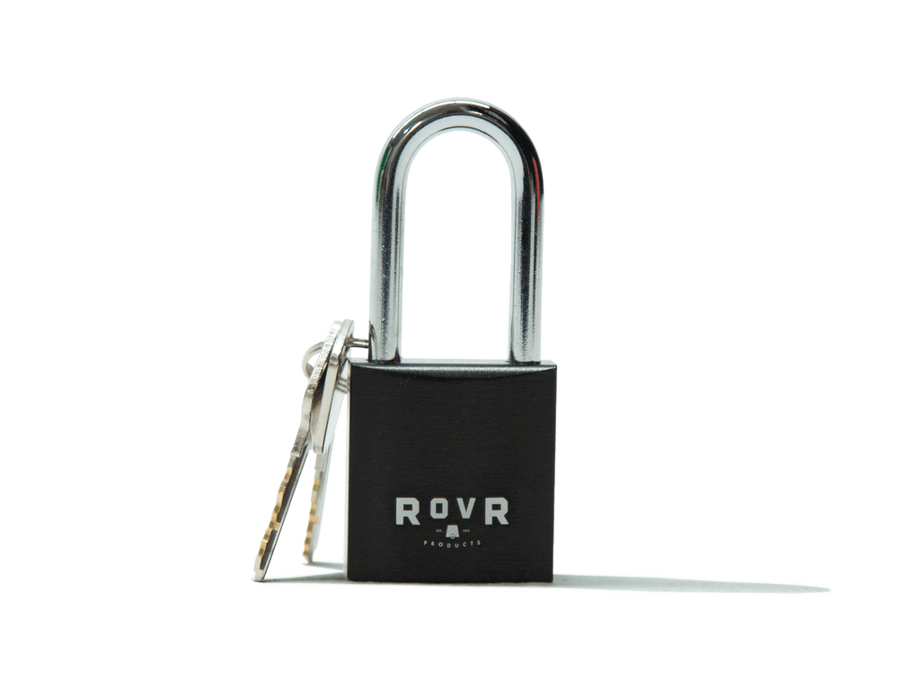 Bear Proof lock with RovR branding, seen with keys.